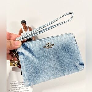 Coach Corner Zip Wristlet In Loved Denim With Charms NWT